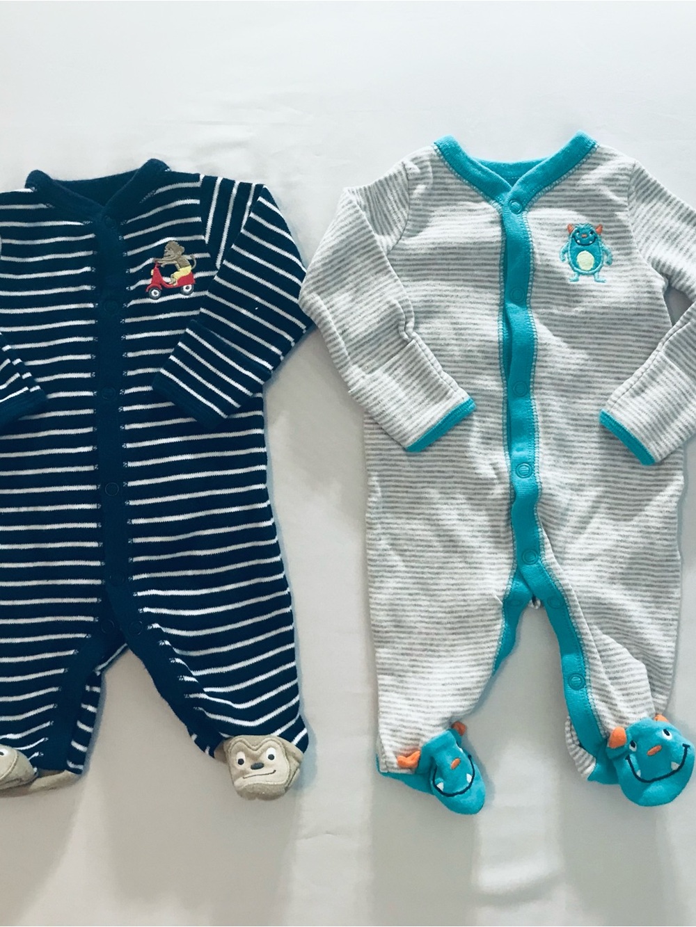 Carter's Navy Striped and Gray Striped Footed One-Pieces with Teal Trim